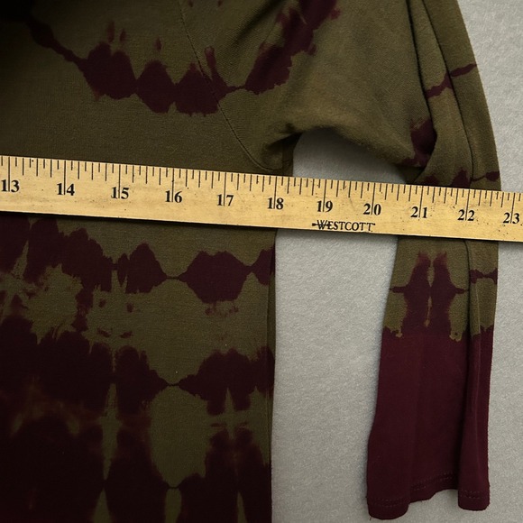 OSO Casuals Tie Dye Tunic Top S Olive Green Burgundy Sharkbite Hem 3/4 Sleeve - Picture 5 of 13